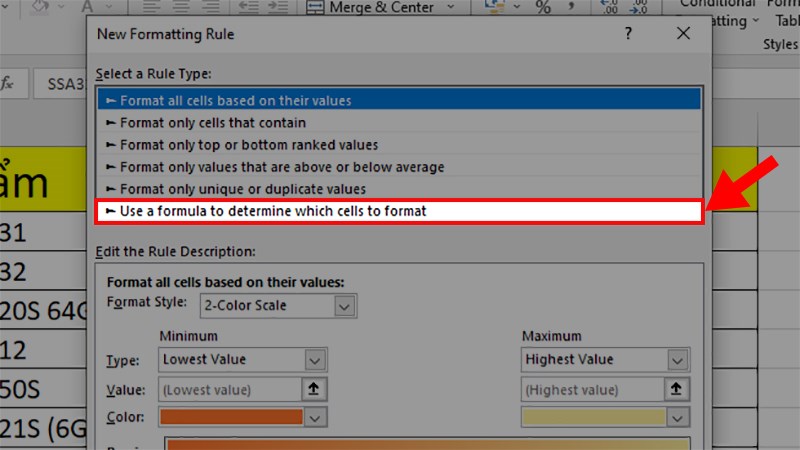 Ở hộp thoại hiện lên  Chọn Use a formular to determine which cells to format